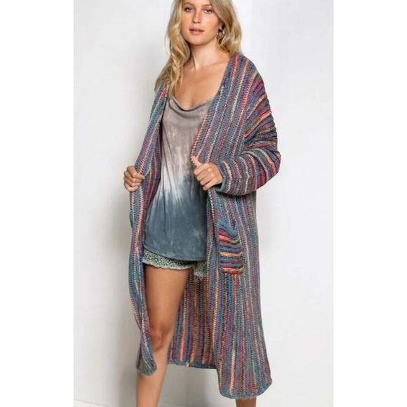 POL Women M Cardigan Chunky Knit Rainbow Stripe Duster Longline Open Front - Picture 1 of 13
